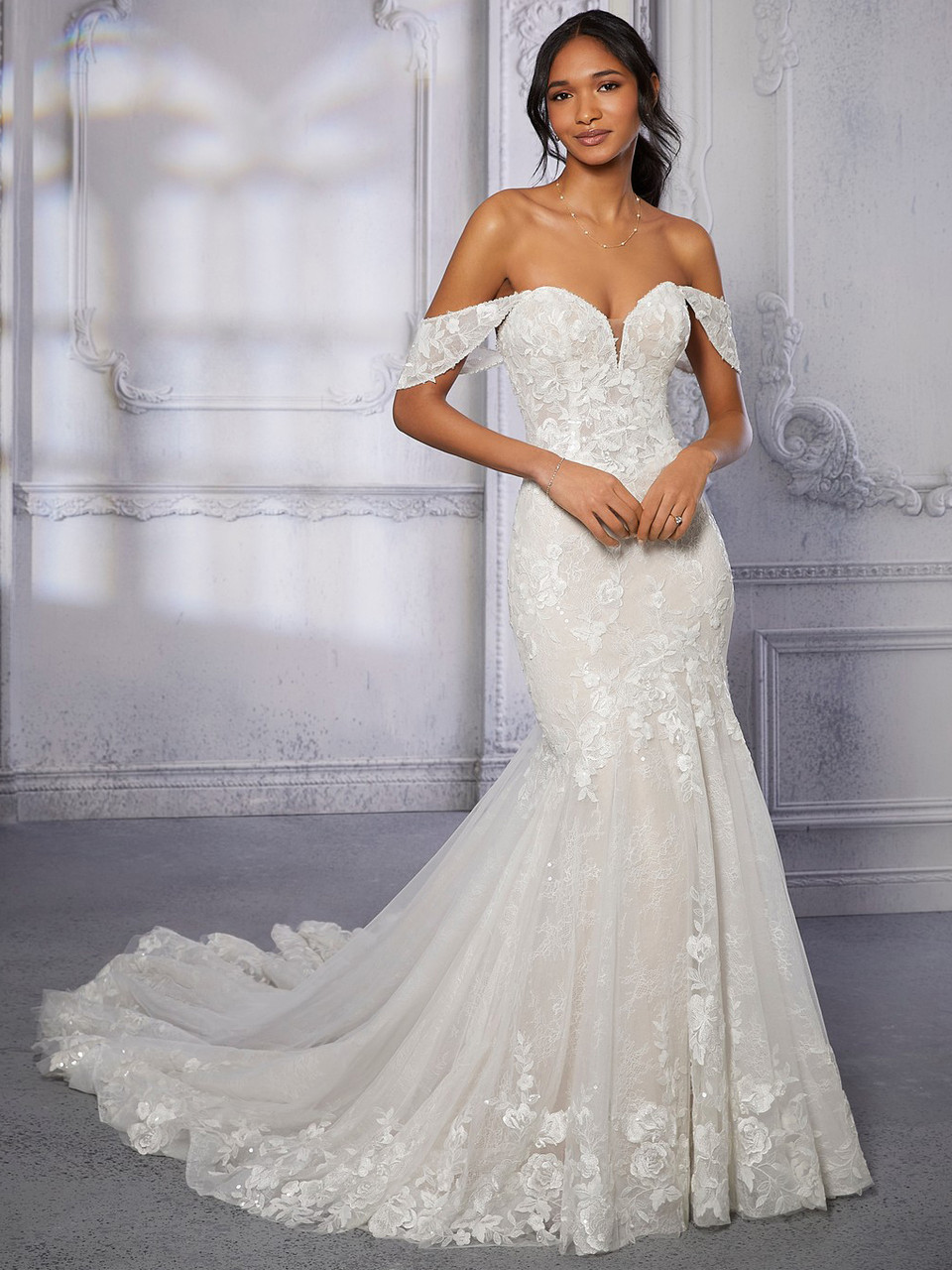 mori lee off the shoulder wedding dress