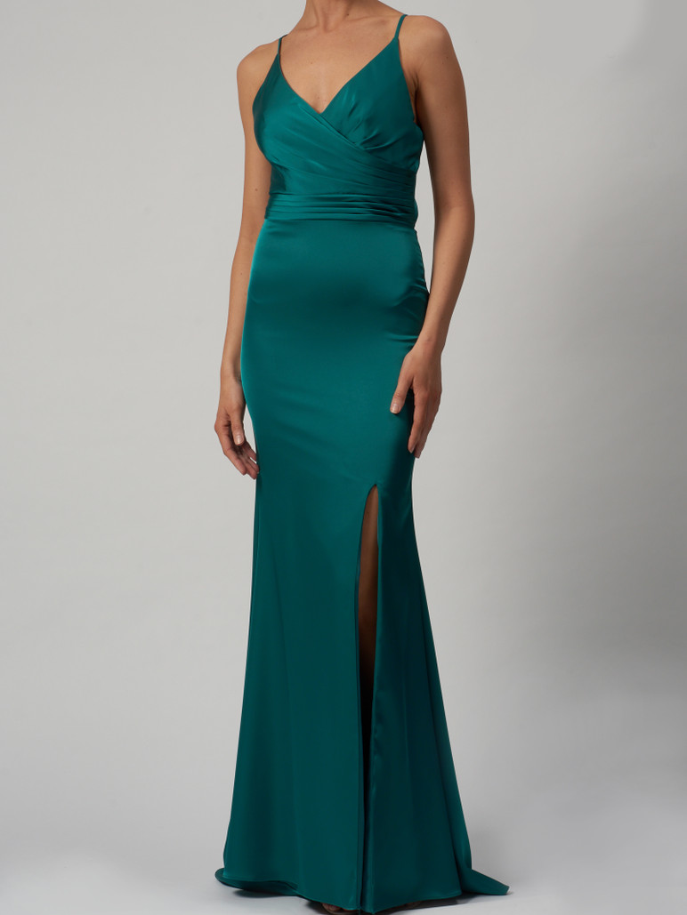 Mascara MC191014 Satin Sheath Dress in Forest.