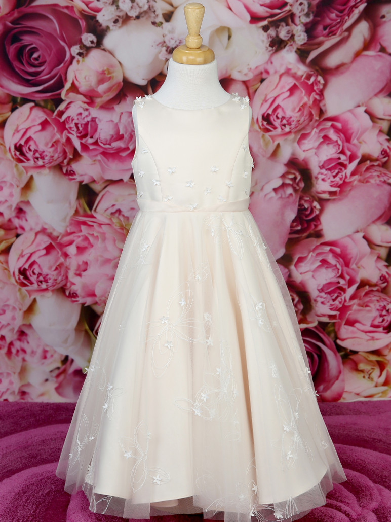Emma Bridals EB12485 Satin Flower Girl Dress with a Tulle Overlay.