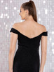 Tiffanys Feliz fitted sparkle dress with bardot neckline.
