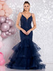 Tiffanys Motsie beaded ruffle fishtail evening gown.
