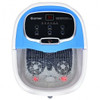 "Top view of foot spa massager filled with water, showing bubble jets, red light therapy, and motorized massage rollers."