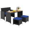 4 Piece Outdoor Dining Set with Wood Topped Dining Table  Rattan Loveseat Chair and 2 Ottomans-Navy B593-HW72365