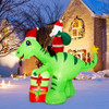 Family setting up 8 ft Santa dinosaur inflatable with gift boxes during daytime in front lawn, showing easy installation process