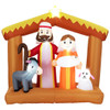 6-foot inflatable nativity scene with multicolor LED lights glowing at night on a snowy front yard, featuring Mary, Joseph, and Baby Jesus under a bright Christmas star , Go Big Discounts outdoor Christmas decoration.