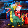 Close-up of LED lights illuminating Santa and green dinosaur inflatable, showing detailed fabric texture and energy-efficient glow for nighttime yard displays