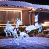Detailed view of the glittered mesh finish and bright LED lights on the white pre-lit reindeer Christmas decoration