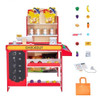 Side view of assembled wooden kids supermarket set with shopping cart and food bins