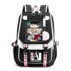 Teen wearing the anime USB backpack outdoors with visible shoulder straps and anime characters showing Teen wearing the anime USB backpack outdoors with visible shoulder straps and anime characters showing