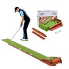 5-Hole Indoor Golf Putting Mat with auto-ball return and alignment guide set up in a living room, showing premium wood base, foldable design, and included golf balls for home golf practice.