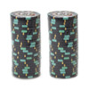 Player hand shuffling premium clay poker chips with realistic casino weight