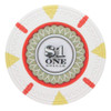 13.5 gram red clay poker chip with $5 denomination on green felt poker surface