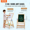 Child drawing on a wooden double-sided kids art easel with magnetic whiteboard, surrounded by included accessories like chalk, markers, and magnetic letters — perfect for ages 3 to 10.