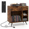 Rustic record player stand with built-in power outlet and USB ports, displaying a turntable on top and vinyl records stored neatly on lower shelves, styled in a modern living room setting