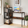 Rustic desk with books and laptop set up in a stylish modern living room — home office workspace featuring cabinet and tiered shelves