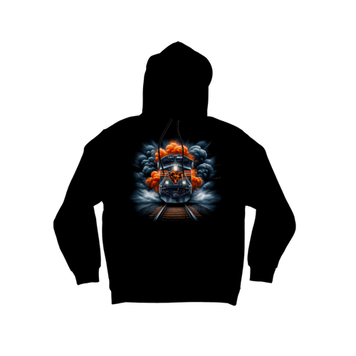 “Chicago Bears black hoodie with striking train and smoke graphic, sleek fleece sweatshirt for die-hard football fans”
