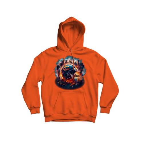 Chicago Bears bright orange hoodie featuring custom skyline and helmet graphic design with glowing city background limited edition football fan gear