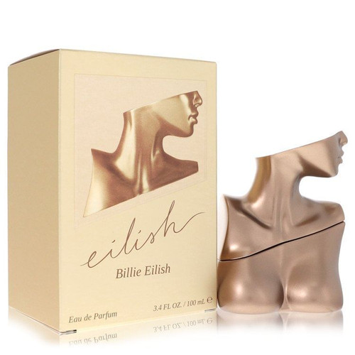 Glass bottle of Eilish by Billie Eilish Eau de Parfum in a sculpted, metallic bronze torso shape, placed on a soft velvet surface with ambient golden lighting highlighting its curves — symbolizing warmth, sensuality, and celebrity allure.
