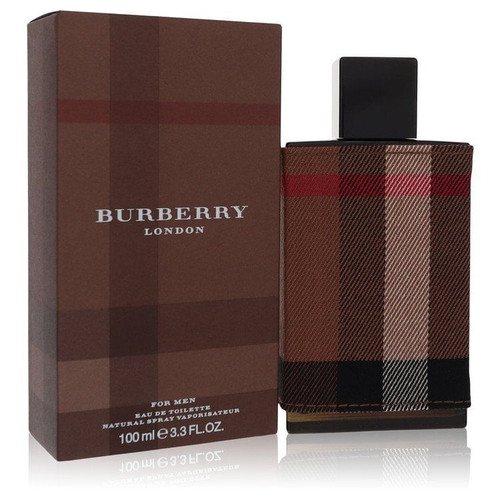 Burberry London for Men 3.4 oz Eau de Toilette displayed upright on a dark wood surface with soft autumn lighting, showcasing its signature Burberry check-wrapped bottle next to a leather wallet and wool scarf, capturing a warm, masculine, and sophisticated fall aesthetic.