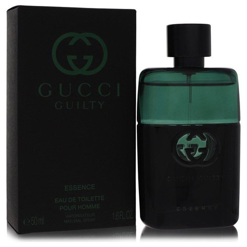 Gucci Guilty Essence 1.7 oz Eau de Toilette for Men – Authentic Designer Fragrance Bottle in Original Box with Silver Logo, Displayed on Marble Countertop