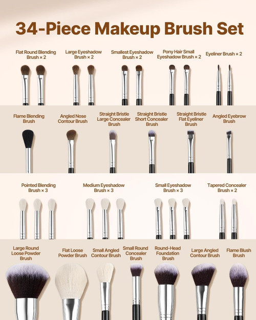 Complete 34-piece professional vegan makeup brush set with wood handles and soft synthetic bristles displayed on white background