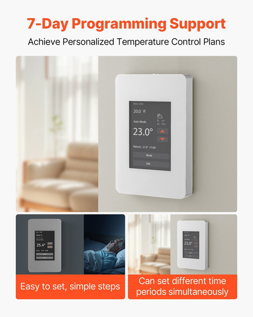 7-Day programmable radiant floor thermostat mounted on wall with active color touchscreen display