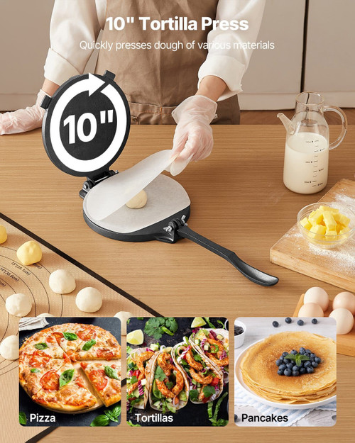 10 Inch Cast Iron Tortilla and Roti Press, Heavy Duty Tortilladora Dough Maker with Handle, 100 Parchment Sheets Included, Manual Taco Press for Flour Tortillas and Tawa Flatbreads