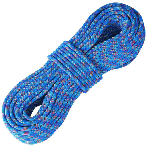 Climber scaling outdoor rock face using blue 10.2mm dynamic rope with steel snap hooks securely anchored to harness.