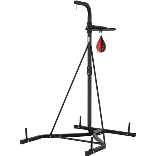 2-in-1 punching bag stand with heavy bag and speed bag, adjustable height, freestanding steel frame, supports up to 140 lbs, ideal for home gym workouts, strength and cardio training.