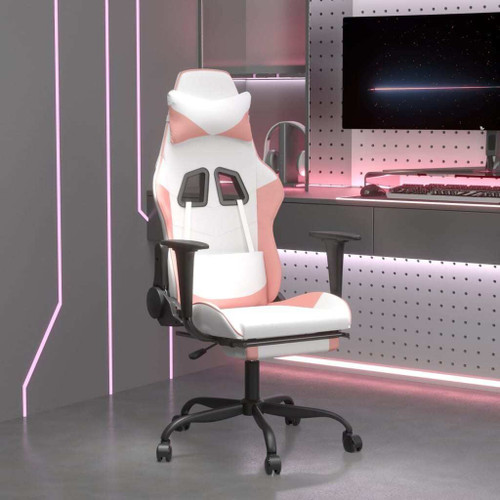 White and pink gaming chair in pastel-themed streamer setup with LED backlights and pink desk accessories