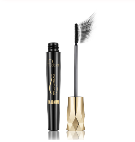 Two black mascara tubes standing upright on a white background with one open showing the bristle wand — smudge-proof formula for everyday lash volume and length