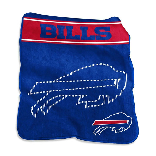 Official Buffalo Bills 60x80 Raschel Throw Blanket folded on a couch, showcasing bold team logo and ultra-soft fleece texture in vivid red and blue colors