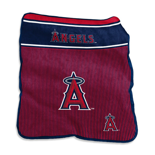 Los Angeles Angels 60x80 Raschel Throw Blanket draped over a couch, featuring vibrant team colors and official MLB logo, soft knit texture, perfect for home décor, tailgating, or gifting.