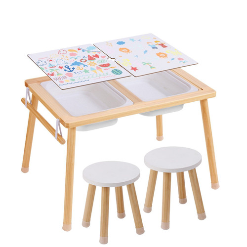 Montessori wooden sensory table set with two stools and storage bins for toddlers, styled in a modern playroom with art supplies and educational toys