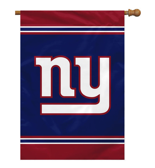 Official New York Giants 28x40 NFL house flag waving on a residential front porch with bold team colors and logo clearly visible against a blue sky background.