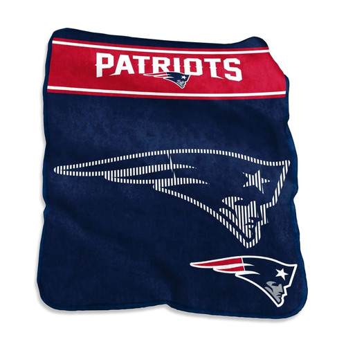 Official New England Patriots 60x80 Raschel Throw Blanket draped over a couch, showcasing vibrant team logo and ultra-soft plush fabric in a cozy game-day living room setup
