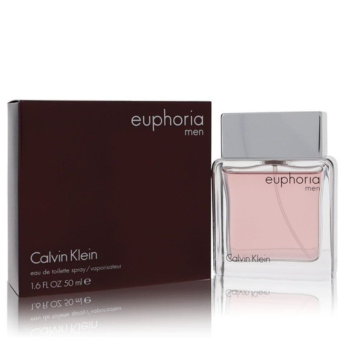Sleek 1.7 oz bottle of Euphoria by Calvin Klein for Men Eau De Toilette Spray displayed on a dark marble surface, featuring the signature tinted brown glass and silver cap, highlighting its modern masculine design and luxury appeal.