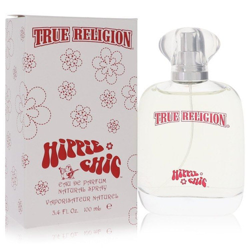 True Religion Hippie Chic Eau De Parfum 3.4 oz bottle for women with vibrant fruity floral fragrance, designer packaging, and gift-ready box, displayed on vanity for lifestyle presentation.