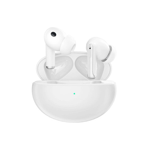 ClarityPLUS Wireless Earbuds in open wireless charging case, showing sleek design, dual earbuds with touch controls, and modern matte black finish on a wood desk surface with smartphone nearby.