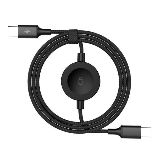 2-in-1 Magnetic Fast Charging Cable for Apple Watch and iPhone/iPad with braided nylon design, showing devices charging simultaneously on a desk, highlighting dual-device convenience, fast charge, and magnetic alignment.