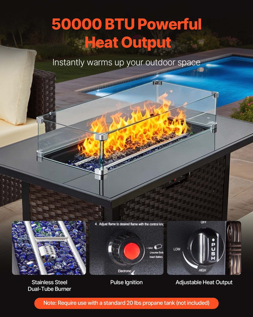50,000 BTU propane fire-pit table with lava rocks ignited, providing warmth and evening ambiance