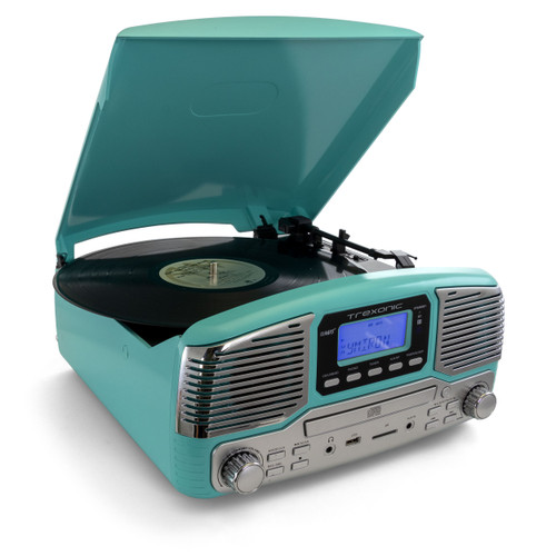 Trexonic Retro Bluetooth Record and CD Player in turquoise with vinyl spinning on turntable, built-in speakers, and control panel visible on wood table