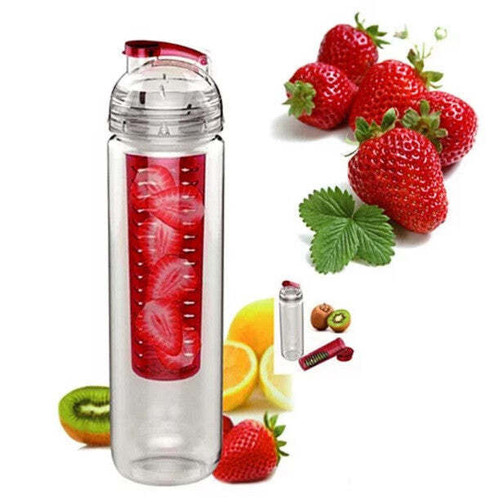 Fruitcola Dome Fruit Infuser Water Bottle filled with lemon and mint, featuring dome-shaped twist-lock lid and carry loop, BPA-free design in aqua blue on white background