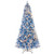 9 foot snowy blue artificial Christmas tree fully assembled in modern living room with ornaments and presents underneath