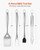 4-piece stainless steel BBQ grill tool set displayed on wooden table with spatula, tongs, fork, and basting brush neatly arranged