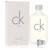 Minimalist frosted glass bottle of Ck One by Calvin Klein placed on a white background, featuring the iconic black logo and silver spray top, showcasing a unisex fragrance designed for men and women.