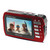 Red Minolta waterproof camera held by traveler on sunny beach, capturing vacation memories by the ocean