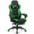 Adjustable green gaming chair with footrest shown fully upright, featuring bold green PU leather, flip-up armrests, and ergonomic high-back design.