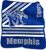 Memphis Tigers Raschel Fleece Blanket 50x60 inches draped over a gray couch, showing bold team logo and vibrant blue and gray colors, officially licensed NCAA throw perfect for dorm rooms, game day, or gifting.