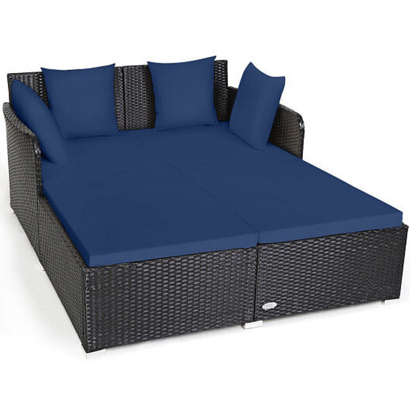 Spacious Outdoor Rattan Daybed with Upholstered Cushions and Pillows-Navy - Color: Navy D681-HW67329NY